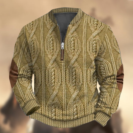 Men's Vintage Country Western Cashmere Knitt Print Zipper Stand Collar Casual Sweatshirt