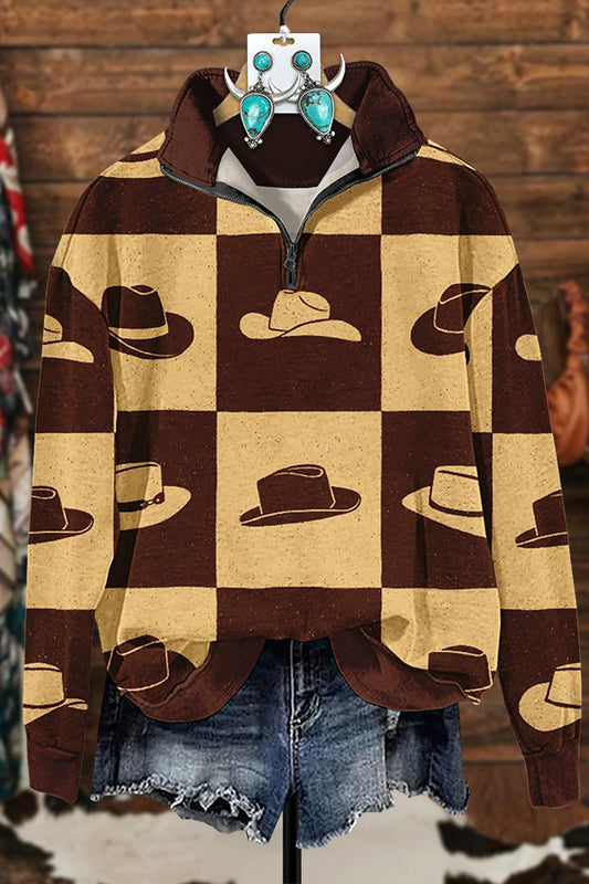 Retro Plaid Hat Print Zipper Sweatshirt