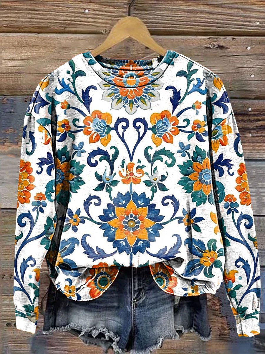 Vintage Flower Art Print Casual Sweatshirt