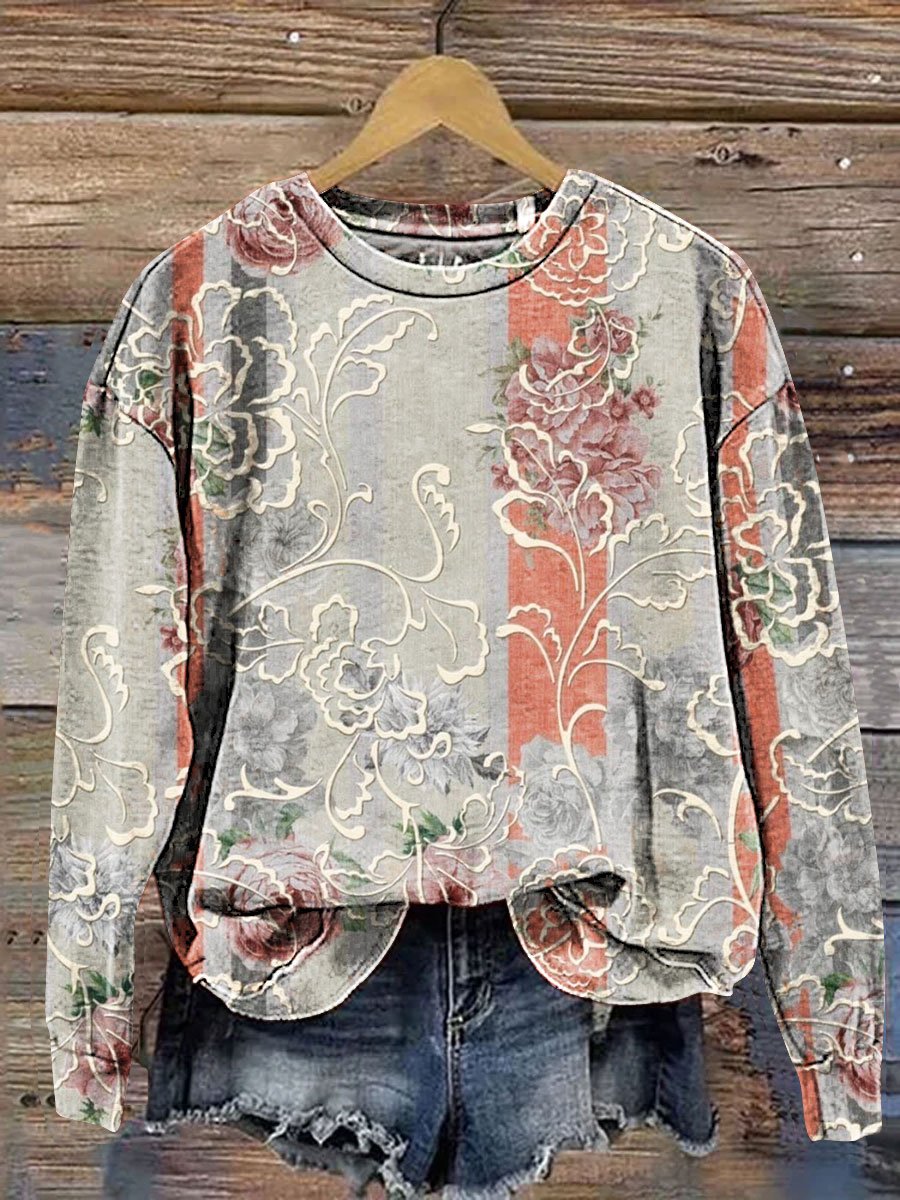 Vintage Floral Art Print Casual Sweatshirt