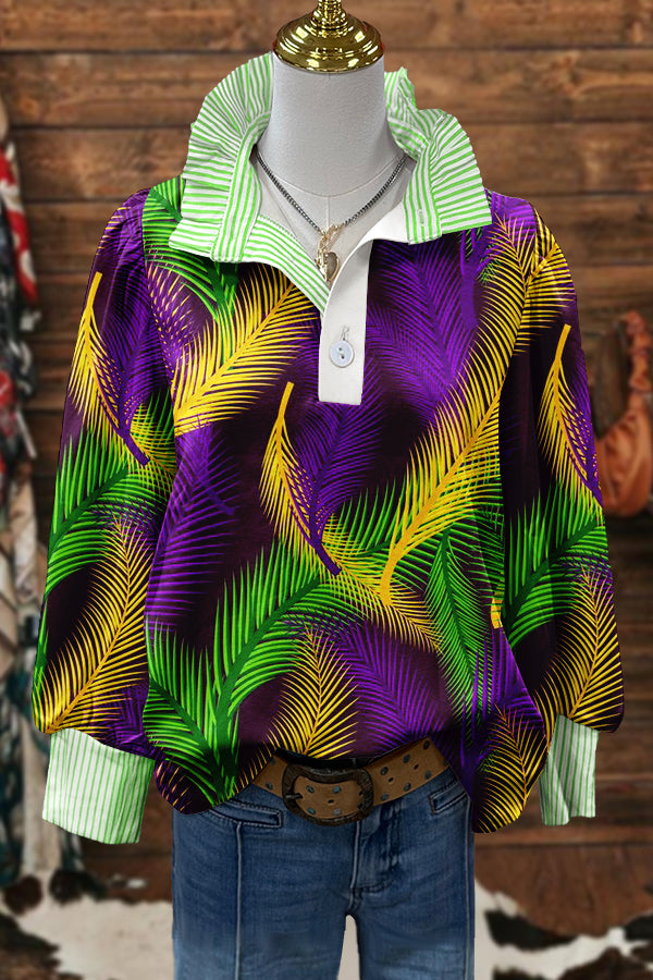 Cute Mardi Gras Print Puff Sleeve Blouse