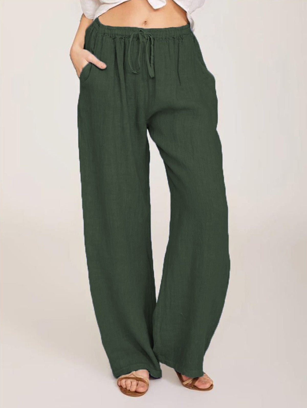 Casual Plain Drawstring Elastic Waist Straight Leg Pants