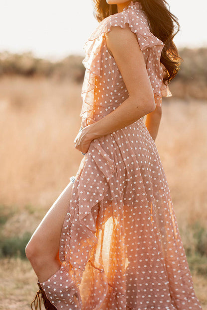 Polka Dot Print Buttoned Ruffle Dress