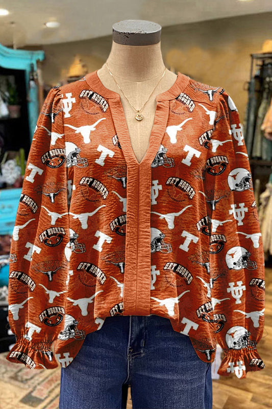 Texas Longhorns Gameday Football Print Puff Sleeve Blouse