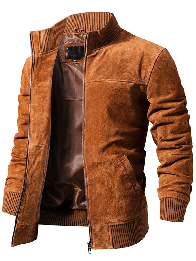 Men's Vintage Suede Pocket Ribbed Stand Collar Outdoor Jacket