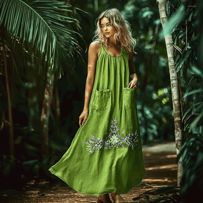 Women's Elegant Ethnic Floral Oversized Sleeveless Linen Maxi Dress