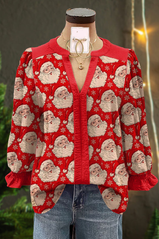 Christmas Print Contrast Color Panel V-neck Blouse