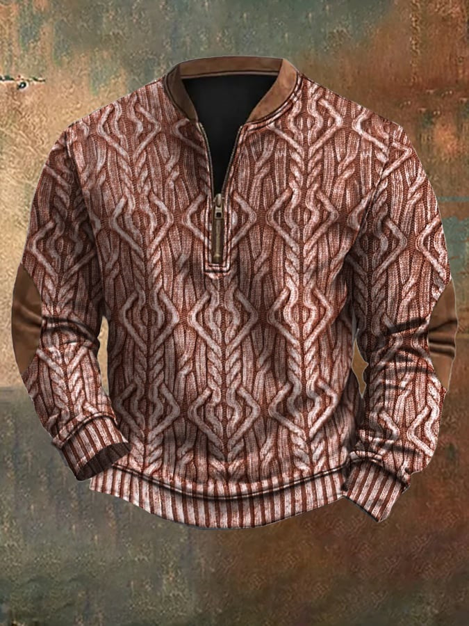 Men's Vintage Country Western Knitted Print Zipper Stand Collar Casual Sweatshirt