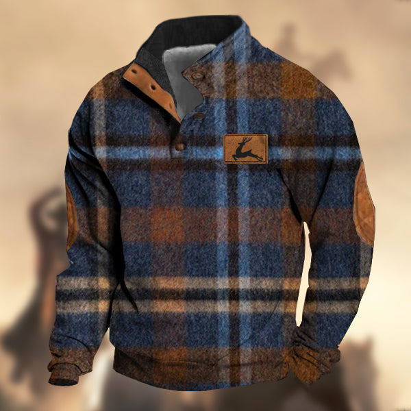 Men's Vintage Country Western Hunting Elk Earthy Navy Blue Brown Wool Plaid Print Stand Collar Sweatshirt