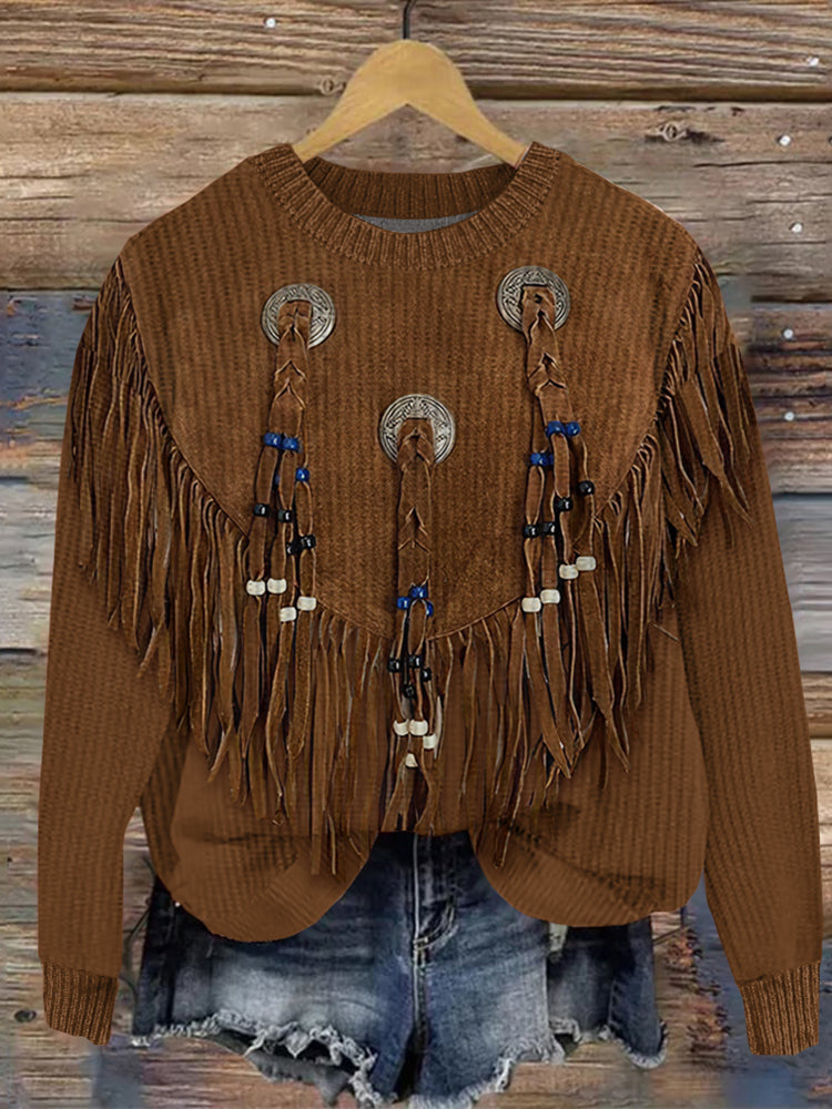 Western Vintage Tribal Tassels Comfy Long Sleeve Sweater