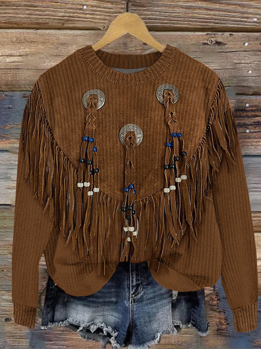 Western Vintage Tribal Tassels Comfy Long Sleeve Sweater