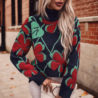 3D Flocked Flower Pattern Sweater For Women Autumn And Winter Lapel Knitted Sweater Top