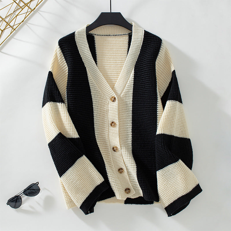 Contrast Color Striped Cardigan Sweater Women's Knitted Sweater