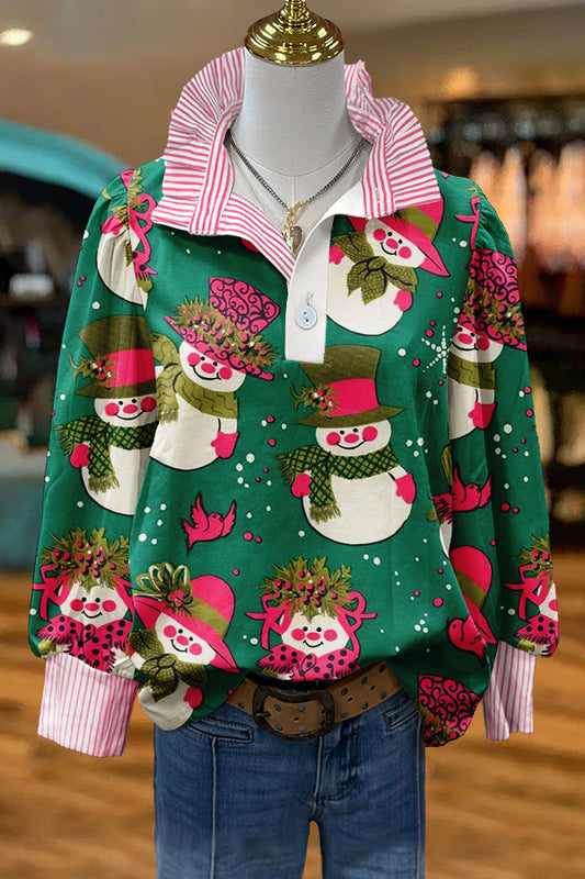 Cute Christmas Snowman Print Puff Sleeve Blouse