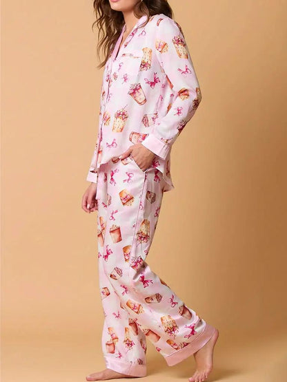 Bowknot Milk Tea Print Pajama Set Long Sleeve Shirt