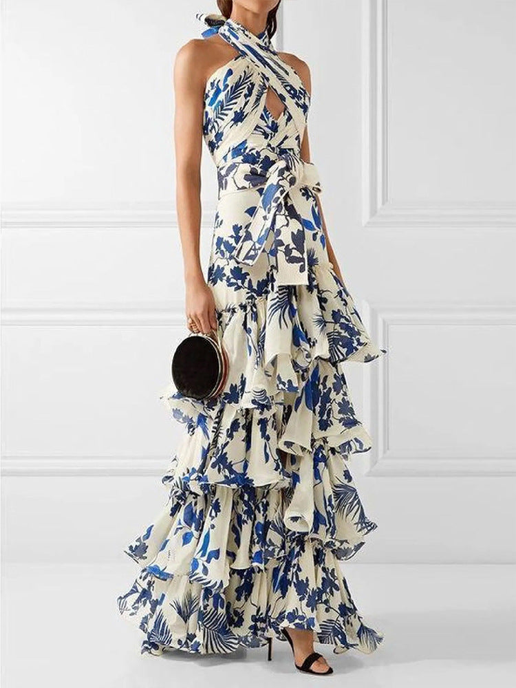 Fashion Printed Halterneck Sleeveless Off-Shoulder Hollow Dress