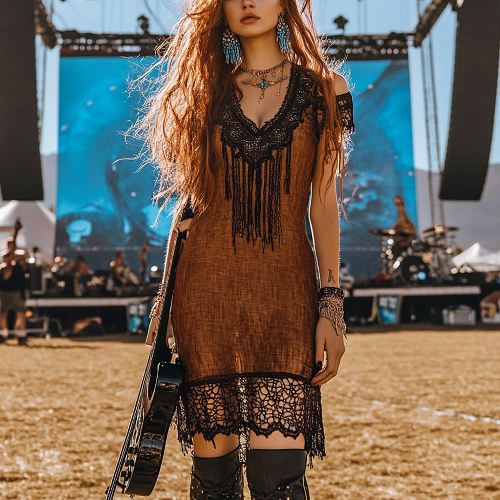 Music Festival Rock Rave Party Vintage Wasteland Ethnic Lace Tassel Floral Linen Dress