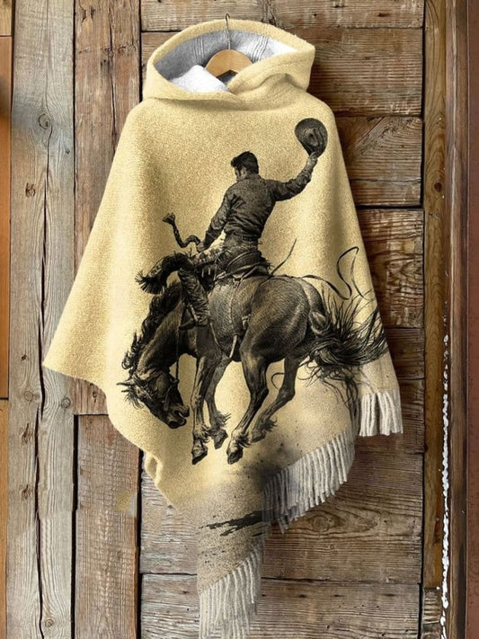 Women's Vintage Cowboy Rodeo Horse Art Print Casual Knitted Blanket Poncho Hood Cape