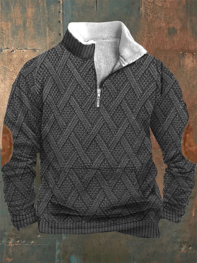 Men's Vintage Country Western Knitt Print Zipper Stand Collar Casual Kangaroo Pocket Sweatshirt