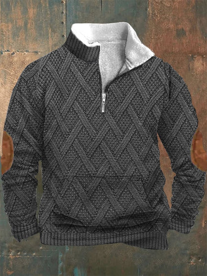 Men's Vintage Country Western Knitt Print Zipper Stand Collar Casual Kangaroo Pocket Sweatshirt