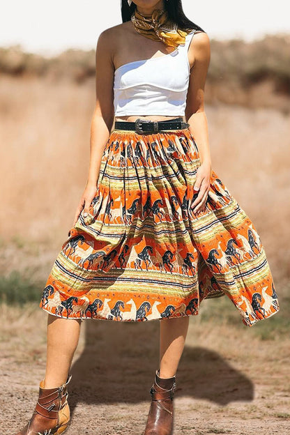 Retro Horse Print Maxi Skirt