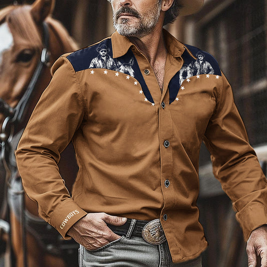 Men's Retro Western Nomad Western Boys Print Long Sleeve Shirt