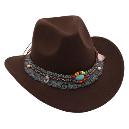 Men's Vintage Western Ethnic Tassels Cowboy Hat Knight Woolen British Felt Hat