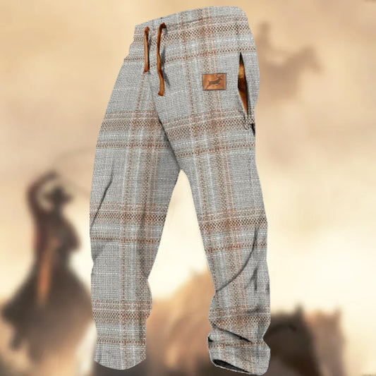 Men's Retro Western Country Plaid Elk Logo Printed Casual Sweatpants