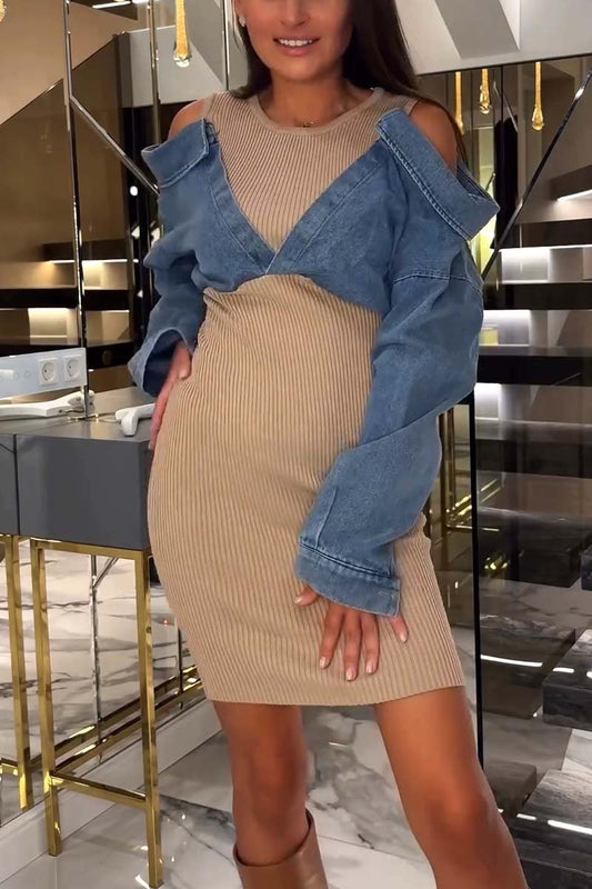 Women's fashionable denim patchwork slim dress