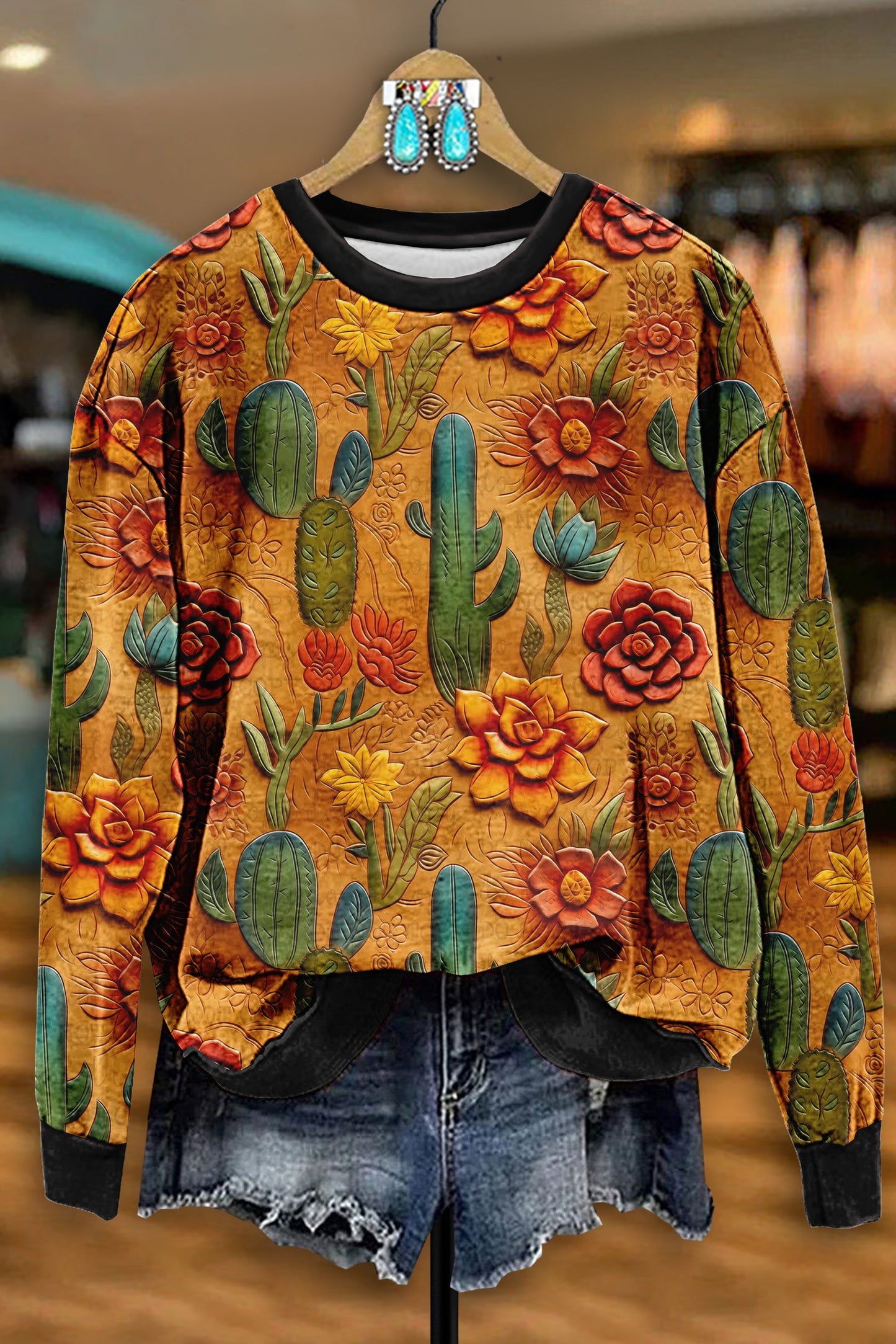 Vintage Western Cactus Print Sweatshirt