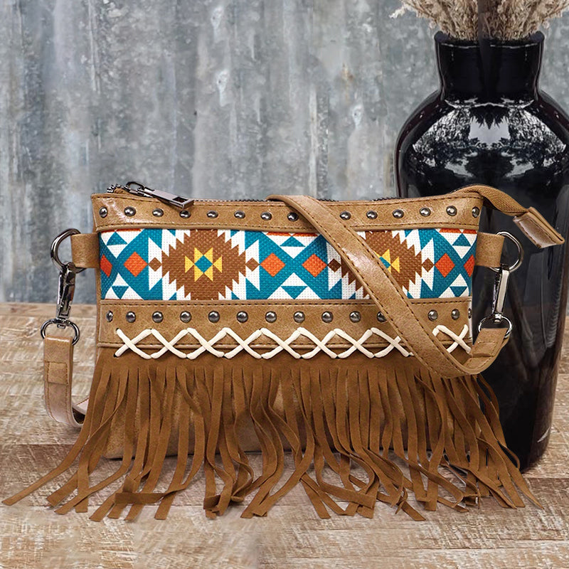 Western Aztec Studded Tassel Leather Bag