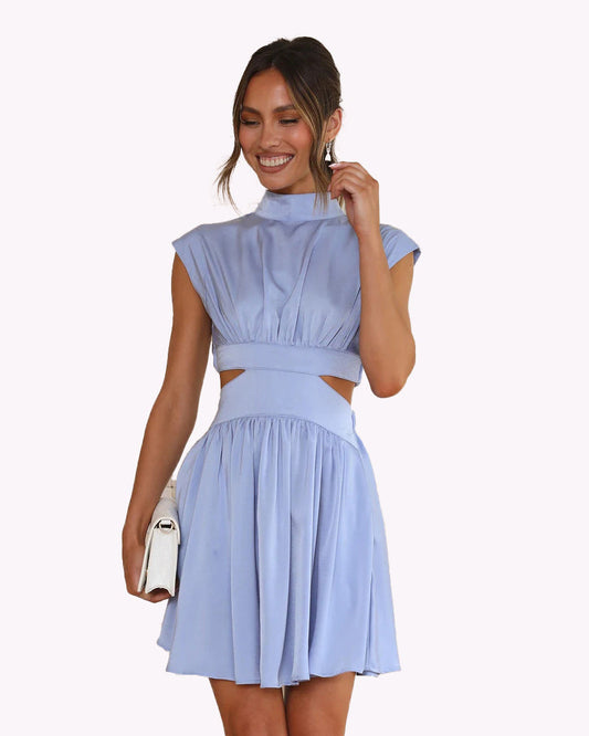 Solid Color Waistline Stand Collar Exposed Waist Mini Dress