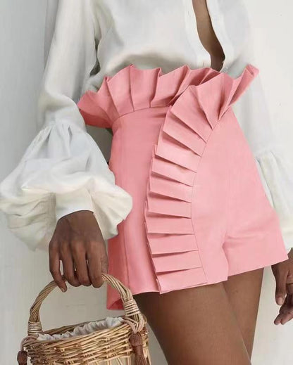 Asymmetric Pleated Zip Shorts