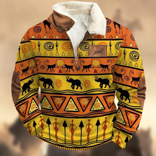 Men's Vintage Fleece Tribal Ethnic Prints Elk Logo Zipper Fur Collar Sweatshirt