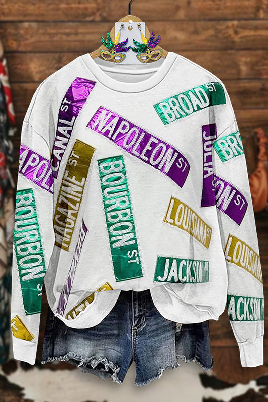 Mardi Gras White Metallic Nora Street Signs Print Sweatshirt