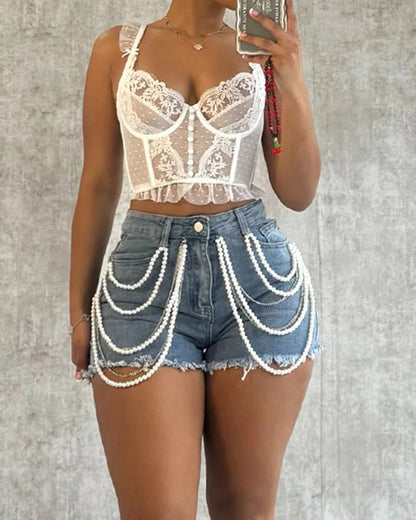 Pearl and Rhinestone Casual Denim Shorts