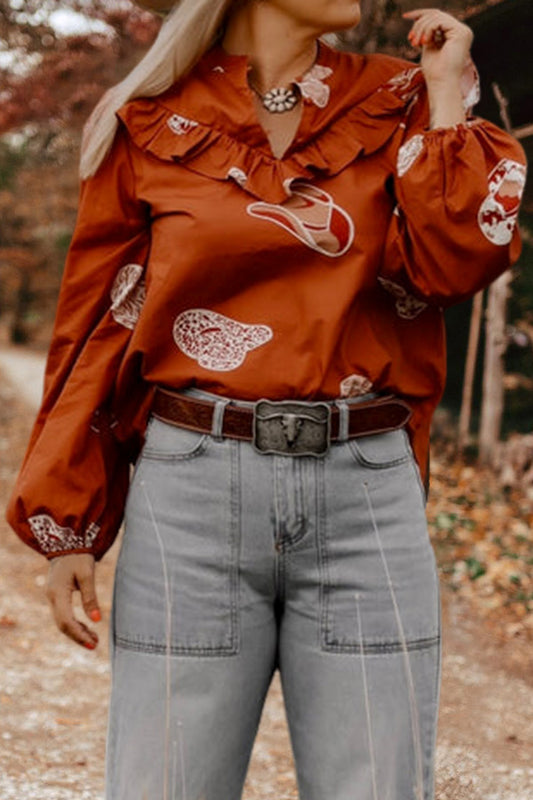 Cowboy Hat Print Ruffled Shirt