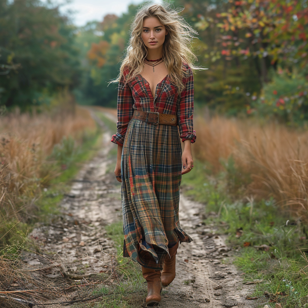 Retro V-neck Plaid Women's Long-sleeved Long Skirt Country Pastoral Retro Dress