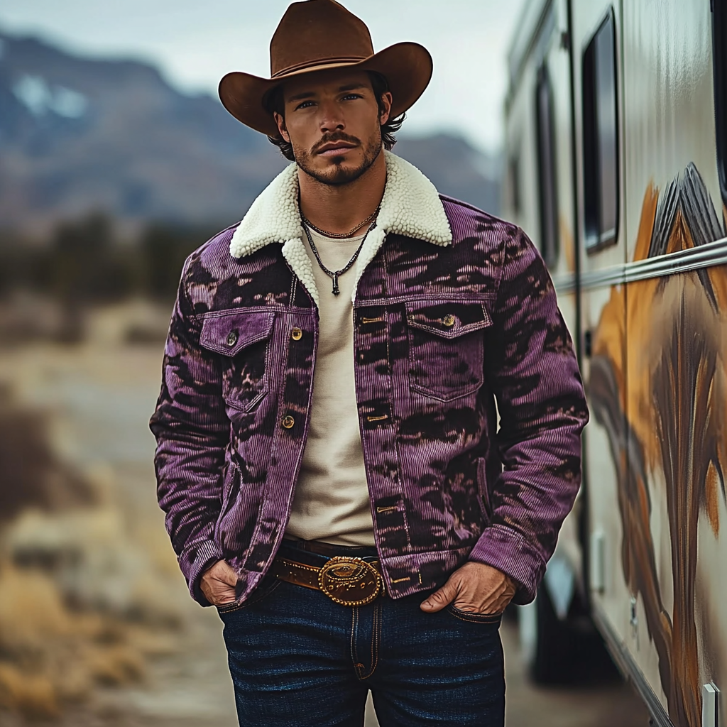 Men's Vintage Western Cowboy Printed Sherpa Jacket