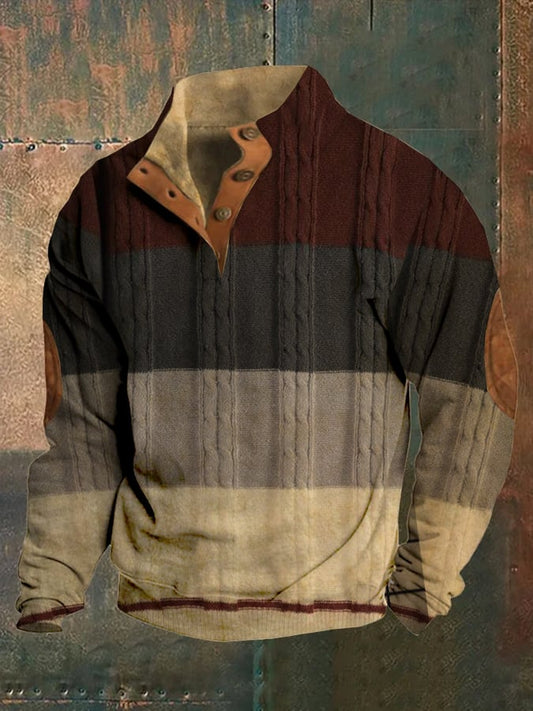 Men's Western Color Block Art Print Stand Collar Button Sweatshirt