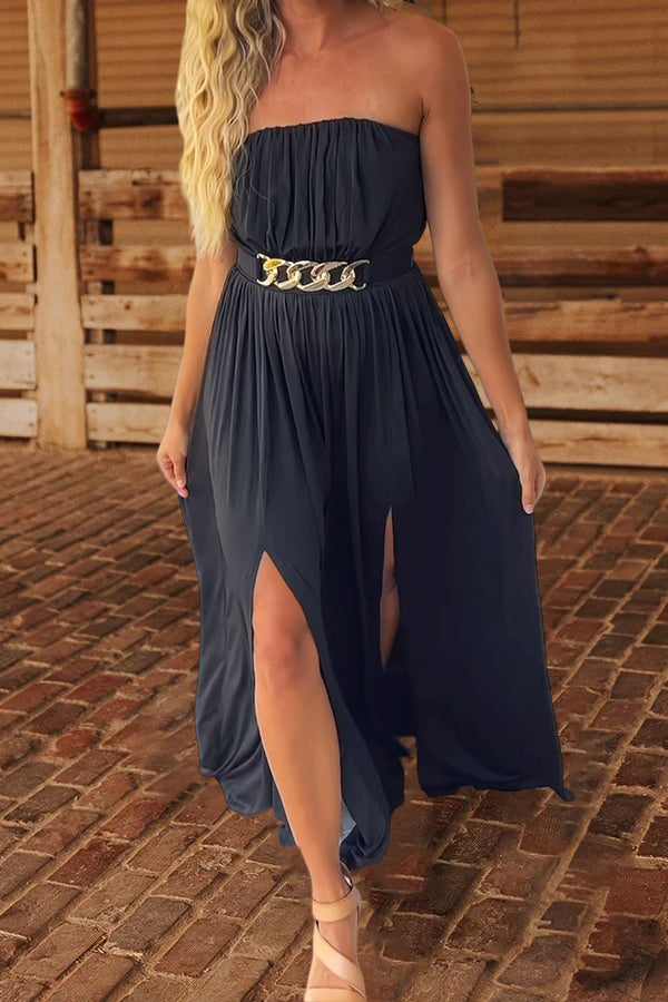 Off-the-shoulder Belt Slit Maxi Dress