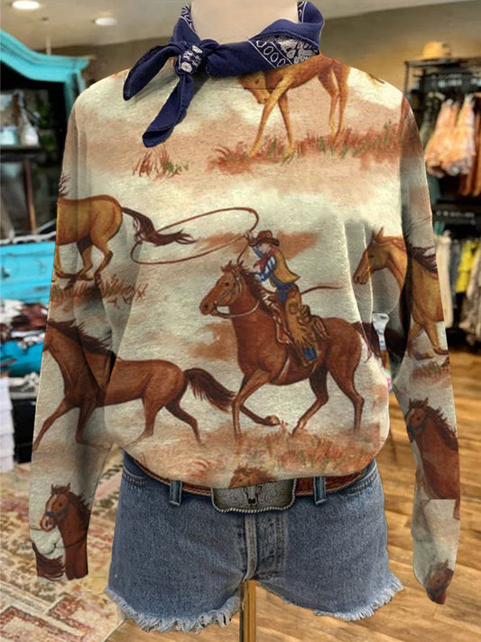 Western Cowboy Print Casual Sweatshirt