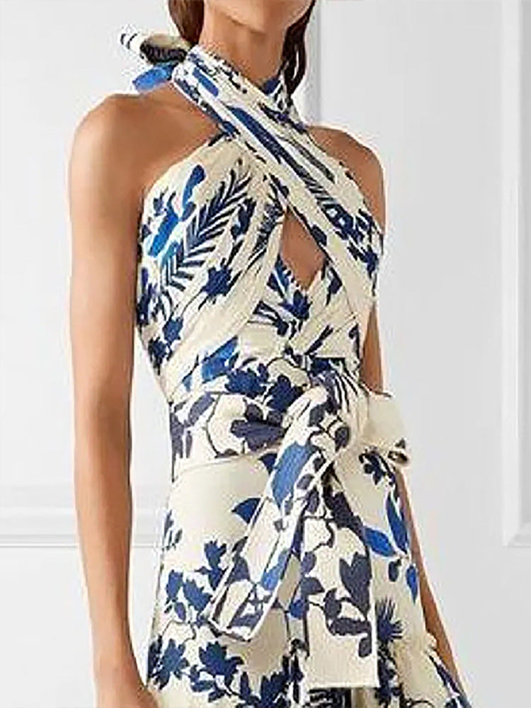 Fashion Printed Halterneck Sleeveless Off-Shoulder Hollow Dress