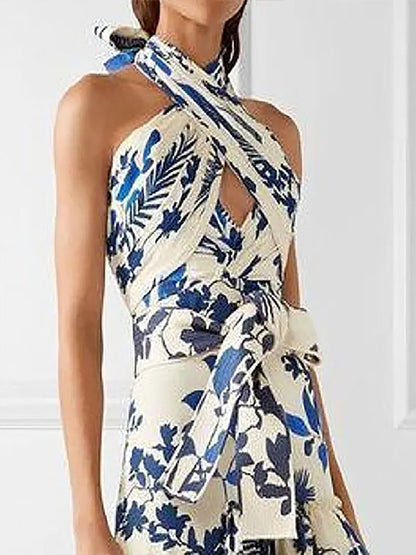 Fashion Printed Halterneck Sleeveless Off-Shoulder Hollow Dress