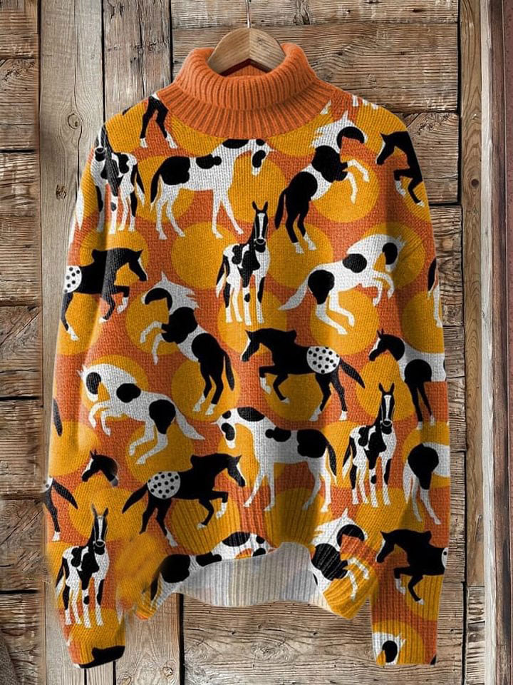 Vintage Western Polka Dot Horse Print Knit Turtleneck Pullover Sweater