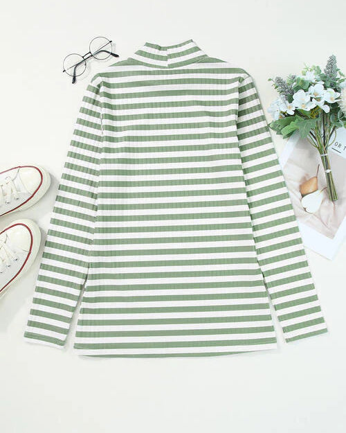 Double Take Striped Mock Neck Long Sleeve Knit Top