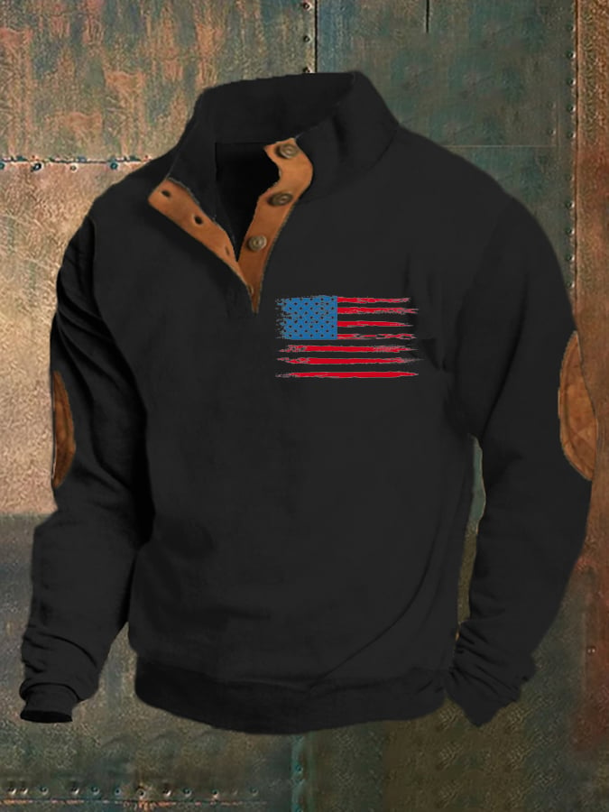 Men's Retro Flag Print Stand Collar Button Sweatshirt