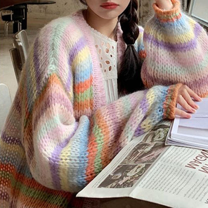 Rainbow Striped Sweater Coat For Women Autumn And Winter Mid-length Loose Color Matching Mohair Knitted Cardigan