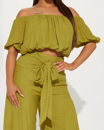 One-Shoulder Bubble Sleeve High-waist Trousers Sets