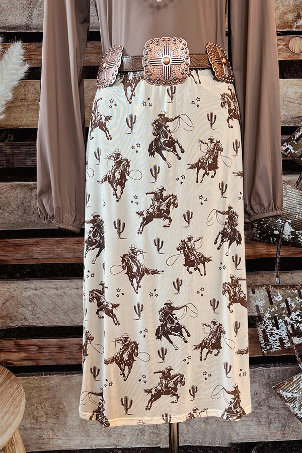 Vintage Western Rodeo Print High Waist Skirt